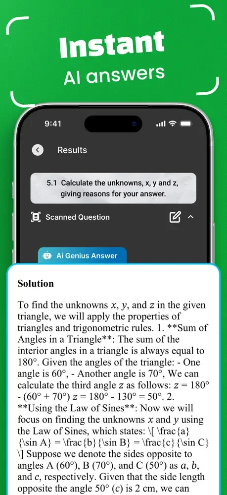 PhotoSolve Instant AI Answers feature showing detailed mathematical solution with explanations. AI-powered step-by-step problem solving for homework help.