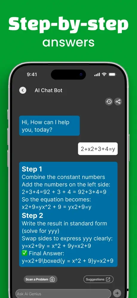 PhotoSolve AI Chat Bot interface with step-by-step math problem breakdown. Shows numbered steps, detailed explanations, and final answer for homework tutoring.