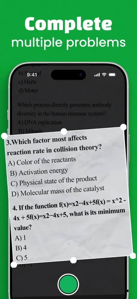 PhotoSolve Complete Multiple Problems feature displaying stacked homework questions on phone screen. Batch processing for solving multiple math and science problems.