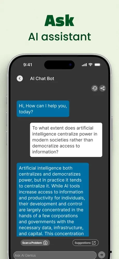 PhotoSolve AI Chat Bot conversation showing user question about artificial intelligence with detailed AI assistant response. Interactive homework tutoring feature.