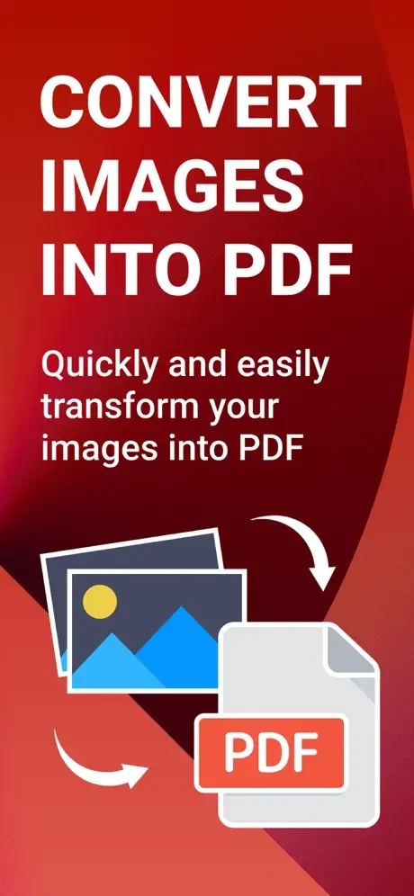 Photos to PDF converter home screen showcasing quick image conversion to PDF with visual transformation illustration