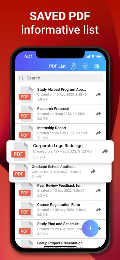 Saved PDF documents list in Photos to PDF converter with file names, creation dates, sizes, and share functionality