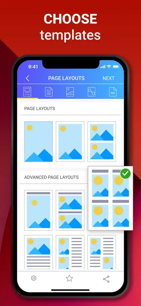 Page layout templates for PDF creation offering basic and advanced design options for document customization