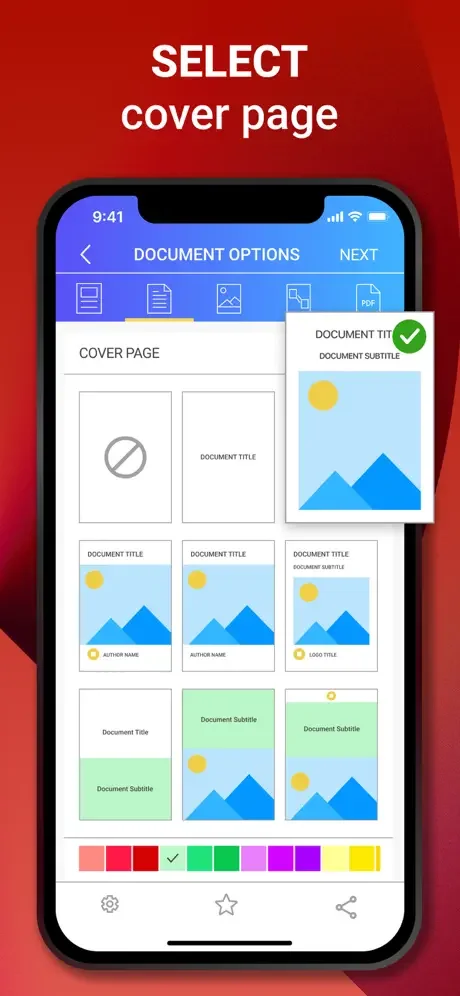 PDF cover page templates with customizable design options, colors, titles, and document information selections