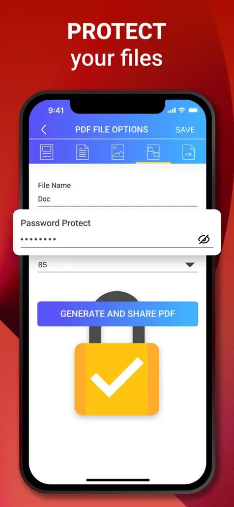 PDF protection and sharing options with password security setting and Generate and Share PDF export button