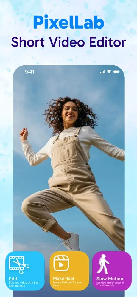 PixelLab Short Video Editor intro screen showcasing Edit, Make Reels, and Slow Motion features