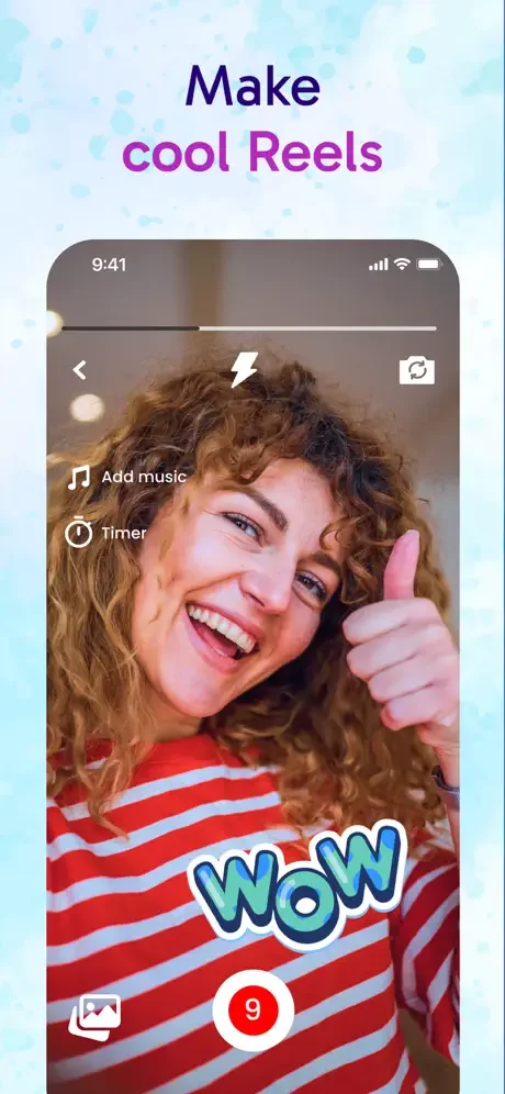Make Reels feature with music, timer, and text stickers for creating short videos