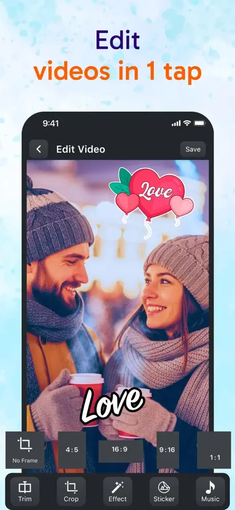Video editing interface with text effects, stickers, trim, crop, and music tools