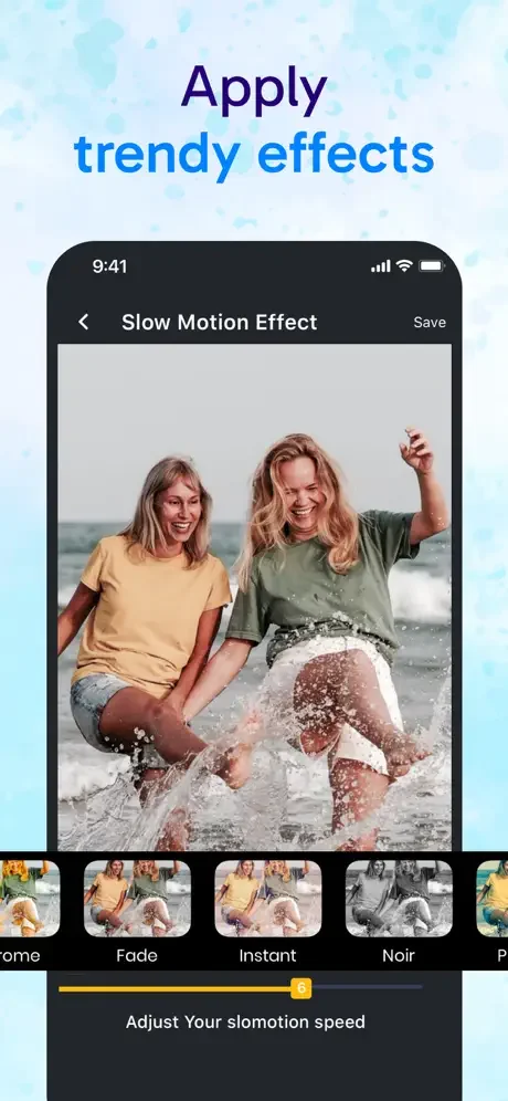 Slow Motion Effect editor with filter presets and speed adjustment controls
