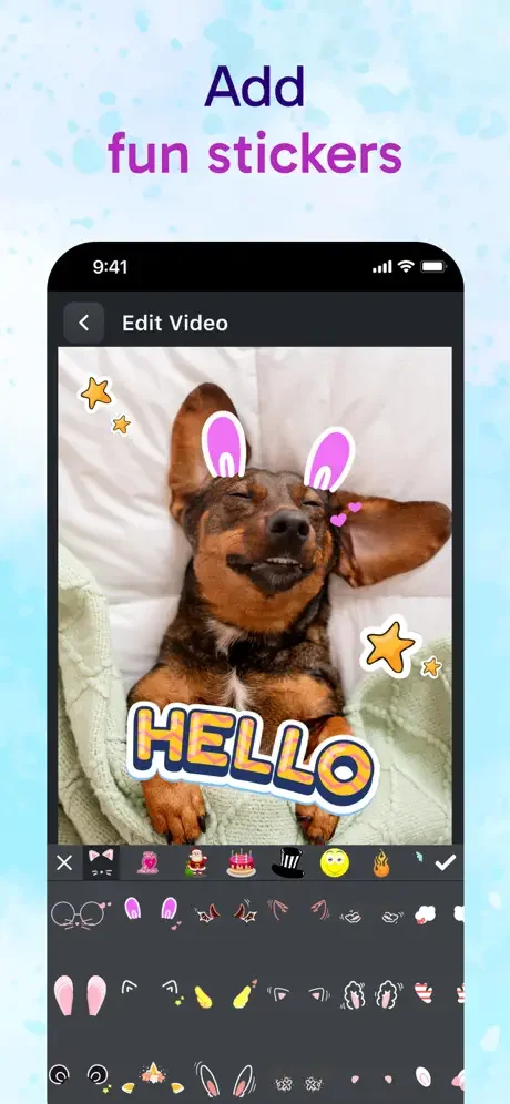 Sticker library panel with fun emojis and decorative stickers for video editing