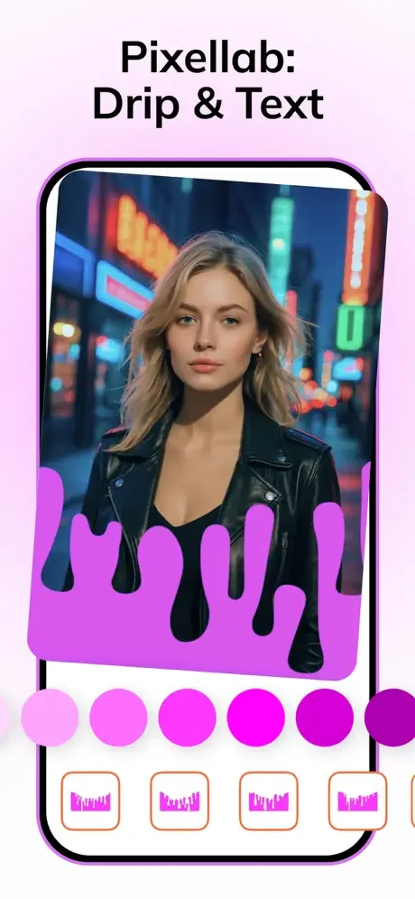 PixelLab drip paint effect editor featuring magenta liquid paint overlay and color palette selection