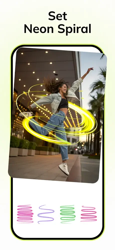 Create neon spiral glowing effects on photos with PixelLab colorful spiral brush tool