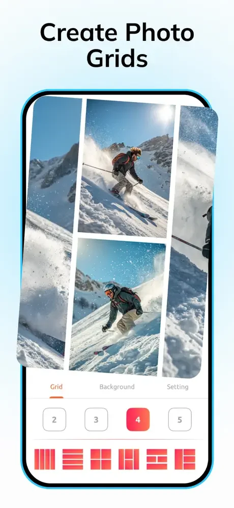 PixelLab photo grid collage creator with 4-cell layout and multiple grid pattern styles