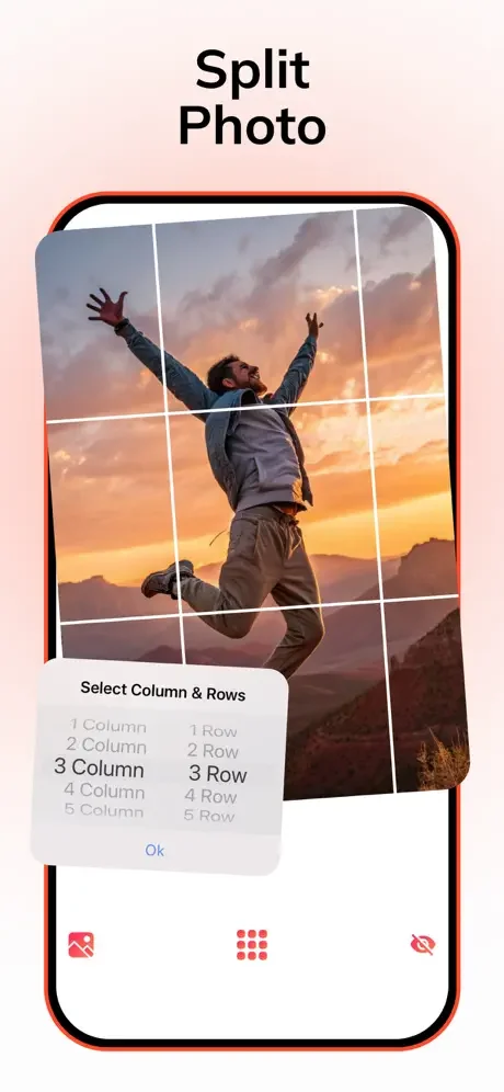 PixelLab photo splitter tool with grid overlay and adjustable column and row division options