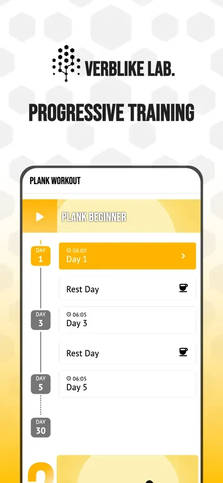Progressive plank workout training plan displaying 30-day schedule with beginner-level exercises, rest days, and timings