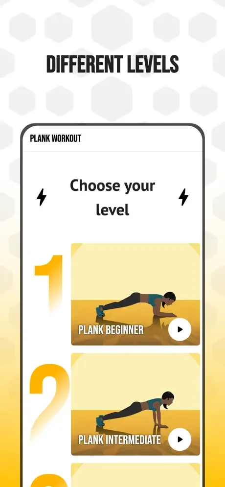 Plank workout difficulty levels: beginner and intermediate with exercise demonstrations and video play buttons
