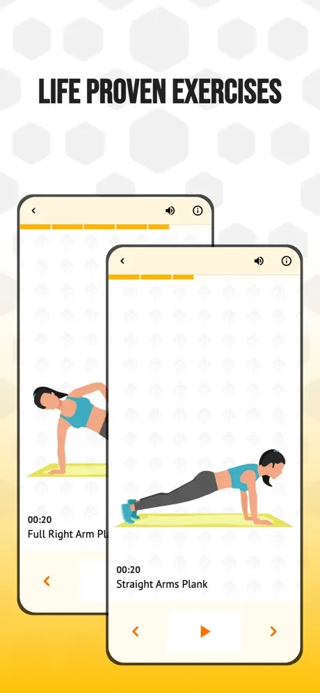 Plank exercise video tutorials with timed demonstrations, audio controls, and multiple variation guides for weight loss