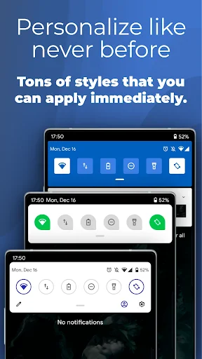 Multiple colorful customizable notification bar styles with various icon arrangements displayed on smartphones