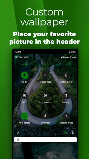 Custom wallpaper in notification bar header showing aerial landscape image with system quick action icons