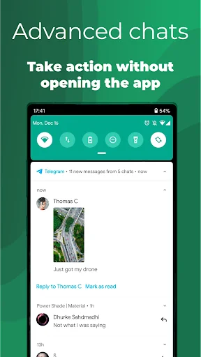 Telegram chat notifications in Power Shade notification bar allowing direct message replies without opening app