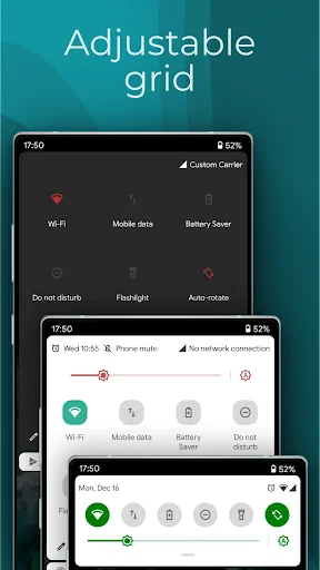 Adjustable grid notification bar layout with draggable icons and customizable quick action widget positions