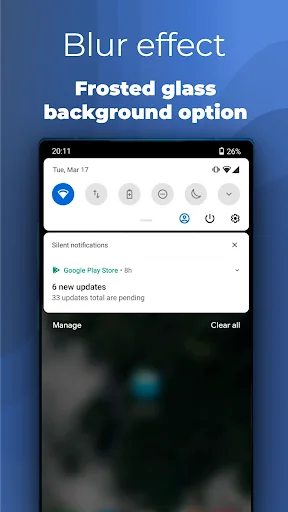 Frosted glass blur effect notification bar displaying pending notifications from Google Play Store