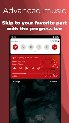 Advanced music player widget in notification bar with playback controls and interactive progress bar for seeking