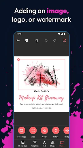 Poster maker image editor displaying makeup kit giveaway design with tools to add images, logos, and watermarks