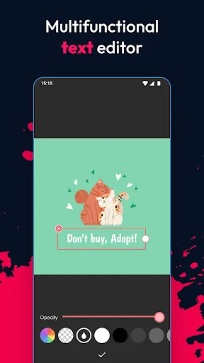 Multifunctional text editor showing poster design with color palette and opacity controls for customizing poster text
