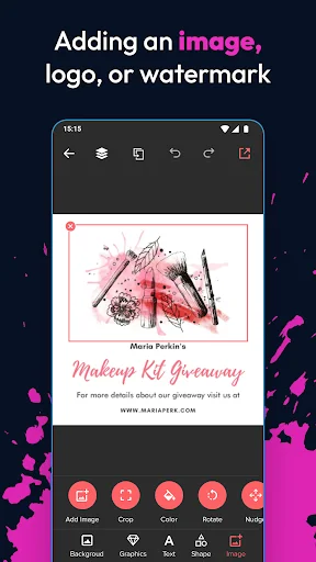 Poster maker image editor displaying makeup kit giveaway design with tools to add images, logos, and watermarks