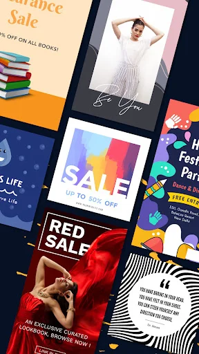 Poster template gallery showing fashion, sale, and festival designs ready to customize in the flyer creator app