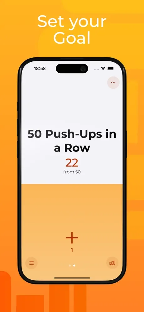 50 Push-Ups counter goal tracker showing 22 of 50 progress with increment button for fitness