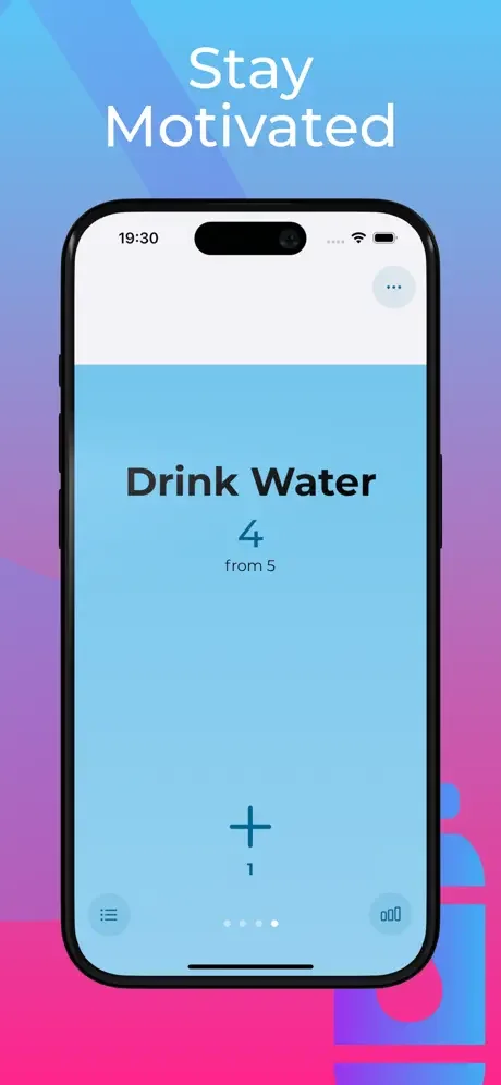 Drink Water habit counter at 4 of 5 daily goal with plus button to track hydration progress