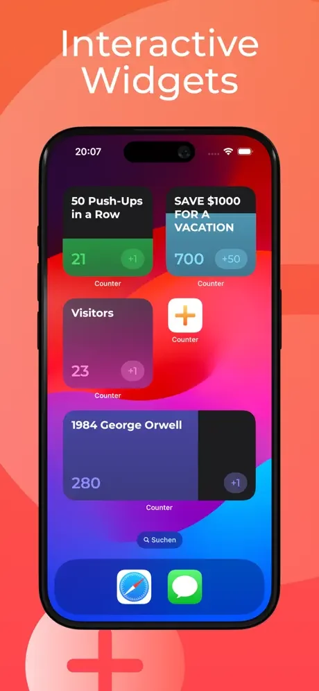 Interactive Counter app widgets on home screen with real-time progress and quick increment buttons