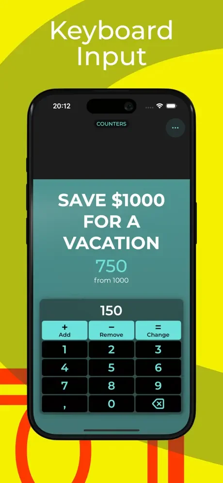 Keyboard input interface for Counter app with numeric pad and Add, Remove, Change action buttons