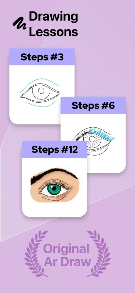Step-by-step eye drawing lessons showing progression from basic sketch to detailed illustration in 3, 6, 12 step tutorials