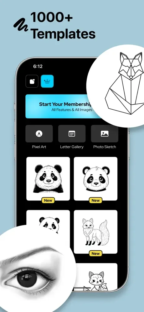 1000+ art templates for pixel art, letters, photo sketches and animal drawings available with membership access