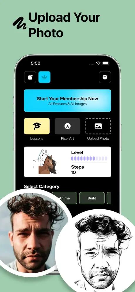 Photo upload feature converts personal photos to sketch art with category selection for anime, build and other styles