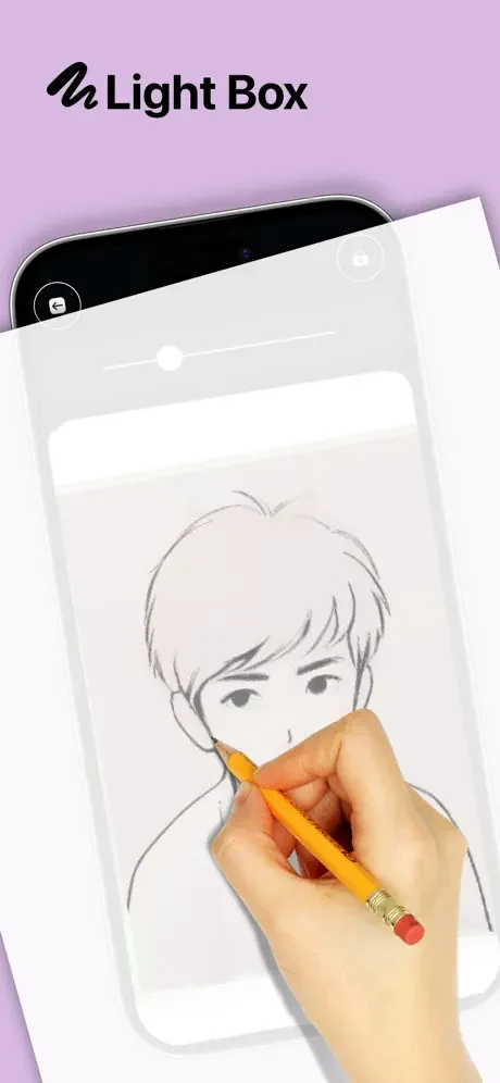 Light Box mode with paper overlay showing hand pencil drawing on illuminated surface for guided tracing and drawing