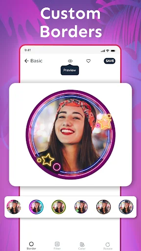 Profile Picture Border Frame app custom borders interface featuring purple decorative circular border with stars and hearts design plus multiple border style options