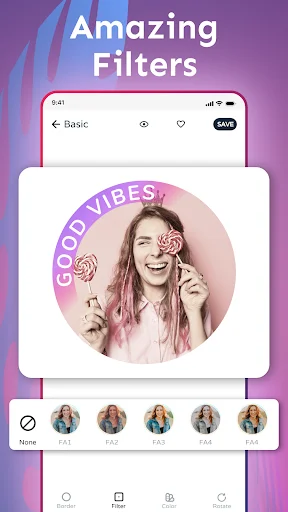 Profile Picture Border Frame app filter effects screen with colorful pink gradient filter overlay and decorative elements plus multiple filter style options for photo personalization