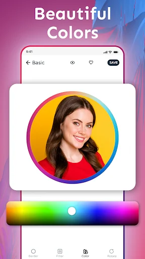 Profile Picture Border Frame app color customization screen with rainbow gradient color slider for selecting and applying vibrant custom colors to circular photo borders