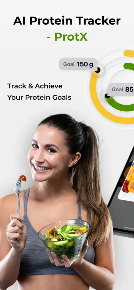 ProtX protein tracker home screen with daily protein goals showing 150g and 85g progress rings and healthy eating lifestyle features