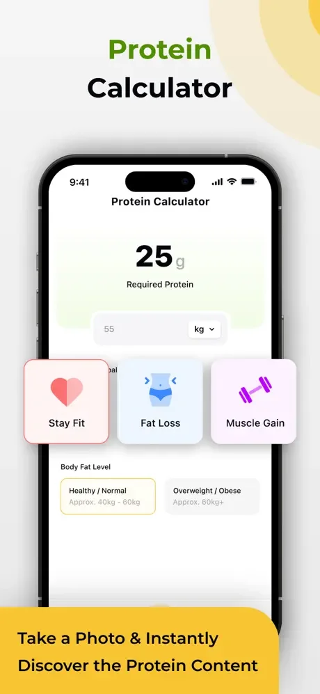 ProtX protein calculator showing personalized 25g protein requirement based on 55kg weight with Stay Fit, Fat Loss, and Muscle Gain goals
