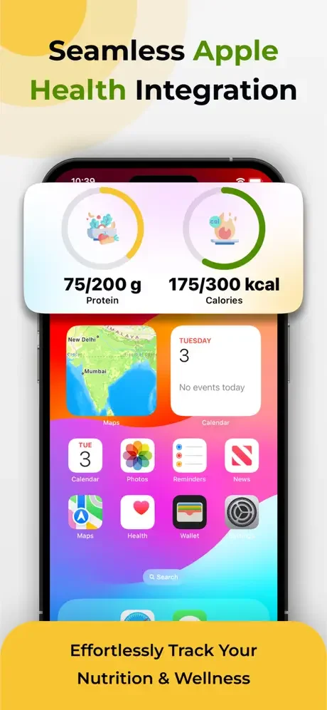 ProtX app Apple Health integration widget displaying 75/200g daily protein and 175/300kcal calories nutrition tracking progress