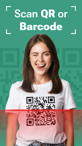 QR Scanner app main screen showing barcode and QR code scanning capability with woman wearing QR code shirt