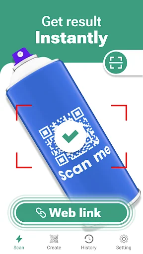 QR scan results displaying instantly with green checkmark confirmation, web link feature, and app navigation menu