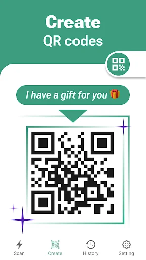 QR code generator screen showing custom QR code creation tool with promotional offer and create functionality