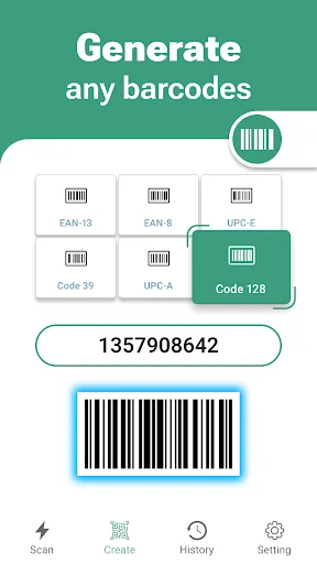 Barcode generator interface displaying multiple format options like Code 128, UPC-E, EAN-8 with sample barcode output