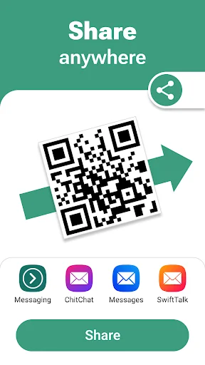 QR code sharing screen with arrow indicator and multiple messaging app options including Messaging and Messages